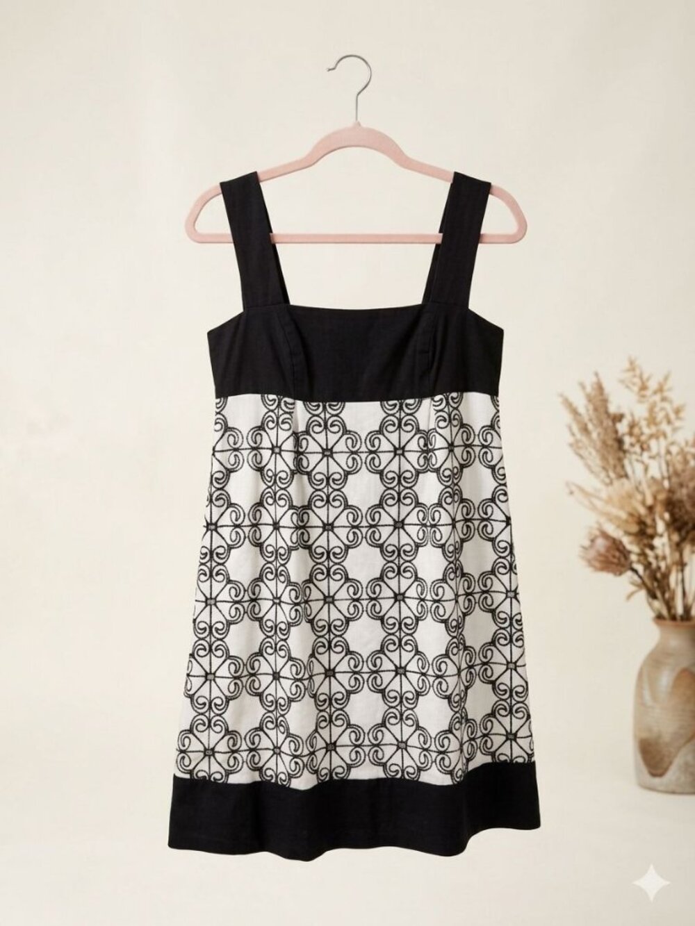 Adrianna Papell Womens Linen Blend Embroidered Babydoll Dress Sz 10 Retro Square - Picture 3 of 8